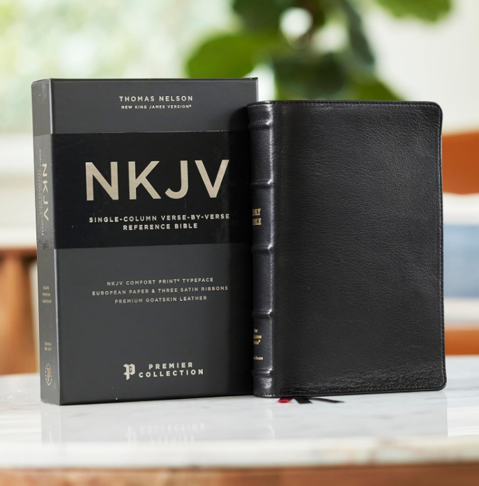 he beauty of a single-column NKJV Bible in a new verse-by-verse edition with over 72,000 cross-references. The NKJV Single-Column Reference Bible has a single column of text in the popular verse-by-verse style, so it’s even easier to read and follow. Plus, there are over 72,000 cross-references along the inner margins to help you locate the related scripture passages. Features include: Fresh, single-column layout limits distraction and provides a nice readable flow of the text Verse-by-verse edition is easy to follow Over 72,000 cross-references allow you to find related passages quickly and easily Line-matched large-print type for a comfortable reading experience Black letter edition Satin ribbons for you to easily navigate and keep track of where you were reading Concordance for looking up a word’s occurrences throughout the Bible Hand-bound in a supple goatskin leather cover with raised spine hubs Smyth-sewn and edge-lined construction for flexibility Gilt line and perimeter stitching Premium European Bible paper, 36 GSM Full color maps show the layout of Israel and other biblical locations for better context Clear and readable 9-point NKJV Comfort Print®